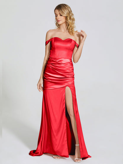 Alivia Off-Shoulder Side Slit Soft Satin Bridesmaid Dress