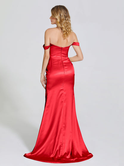 Alivia Off-Shoulder Side Slit Soft Satin Bridesmaid Dress