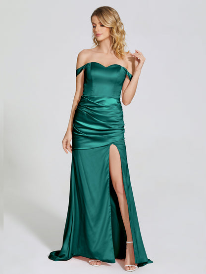 Alivia Off-Shoulder Side Slit Soft Satin Bridesmaid Dress