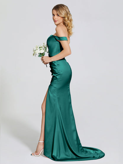 Alivia Off-Shoulder Side Slit Soft Satin Bridesmaid Dress