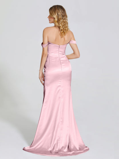 Alivia Off-Shoulder Side Slit Soft Satin Bridesmaid Dress