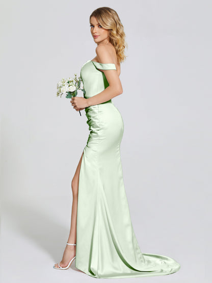 Alivia Off-Shoulder Side Slit Soft Satin Bridesmaid Dress