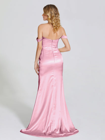 Alivia Off-Shoulder Side Slit Soft Satin Bridesmaid Dress
