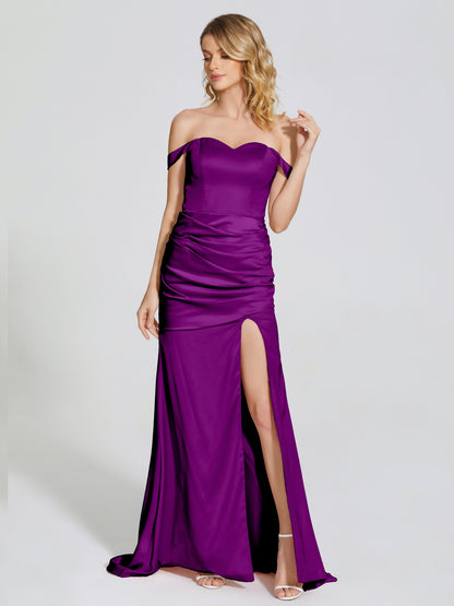 Alivia Off-Shoulder Side Slit Soft Satin Bridesmaid Dress