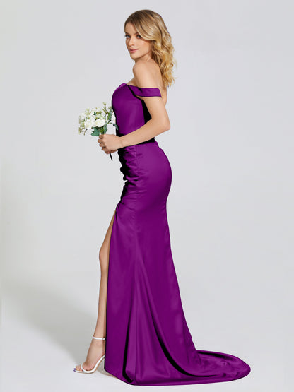 Alivia Off-Shoulder Side Slit Soft Satin Bridesmaid Dress