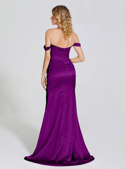 Alivia Off-Shoulder Side Slit Soft Satin Bridesmaid Dress