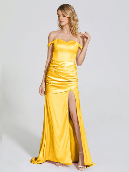 Alivia Off-Shoulder Side Slit Soft Satin Bridesmaid Dress