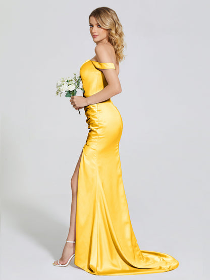 Alivia Off-Shoulder Side Slit Soft Satin Bridesmaid Dress