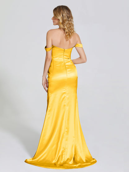 Alivia Off-Shoulder Side Slit Soft Satin Bridesmaid Dress