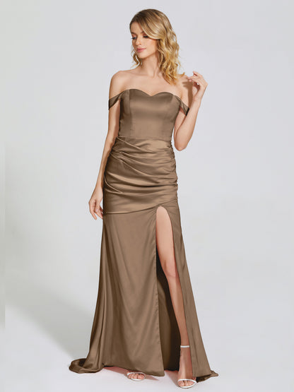 Alivia Off-Shoulder Side Slit Soft Satin Bridesmaid Dress