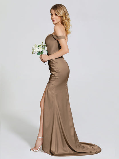 Alivia Off-Shoulder Side Slit Soft Satin Bridesmaid Dress