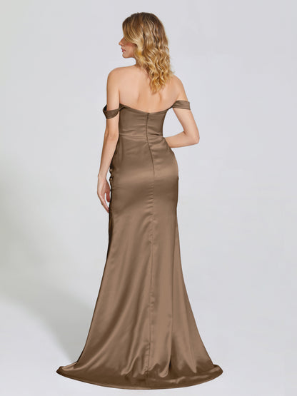 Alivia Off-Shoulder Side Slit Soft Satin Bridesmaid Dress