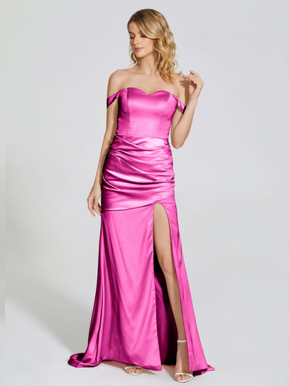 Alivia Off-Shoulder Side Slit Soft Satin Bridesmaid Dress