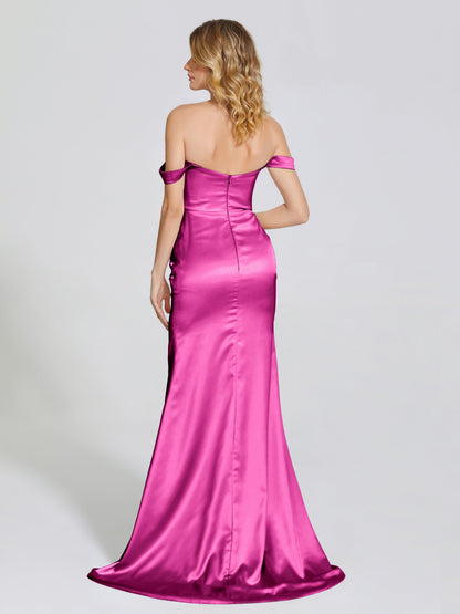 Alivia Off-Shoulder Side Slit Soft Satin Bridesmaid Dress