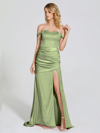 Alivia Off-Shoulder Side Slit Soft Satin Bridesmaid Dress