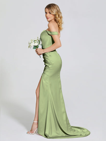 Alivia Off-Shoulder Side Slit Soft Satin Bridesmaid Dress