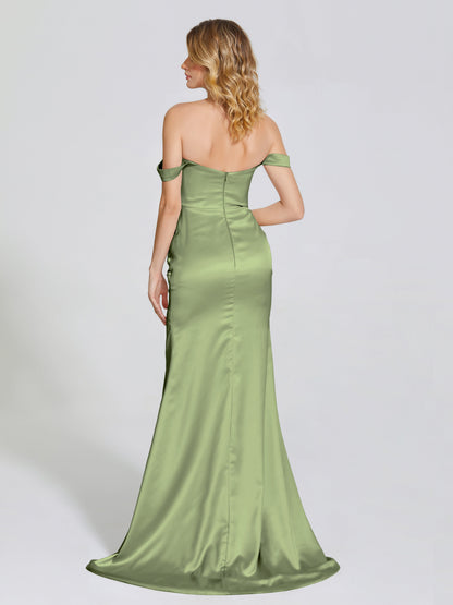 Alivia Off-Shoulder Side Slit Soft Satin Bridesmaid Dress