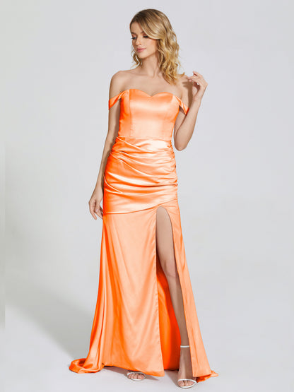 Alivia Off-Shoulder Side Slit Soft Satin Bridesmaid Dress