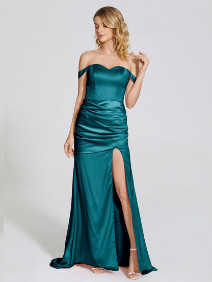 Alivia Off-Shoulder Side Slit Soft Satin Bridesmaid Dress