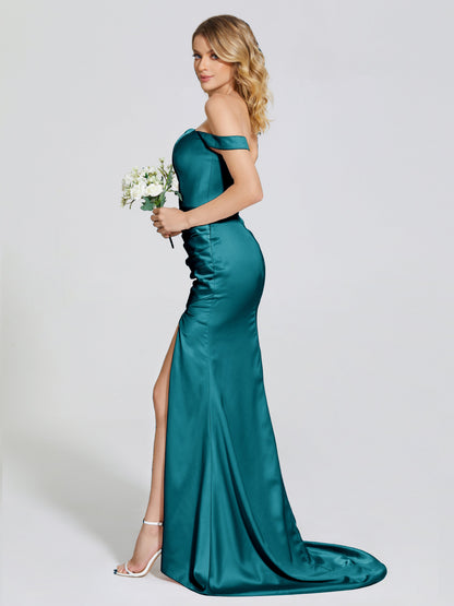 Alivia Off-Shoulder Side Slit Soft Satin Bridesmaid Dress