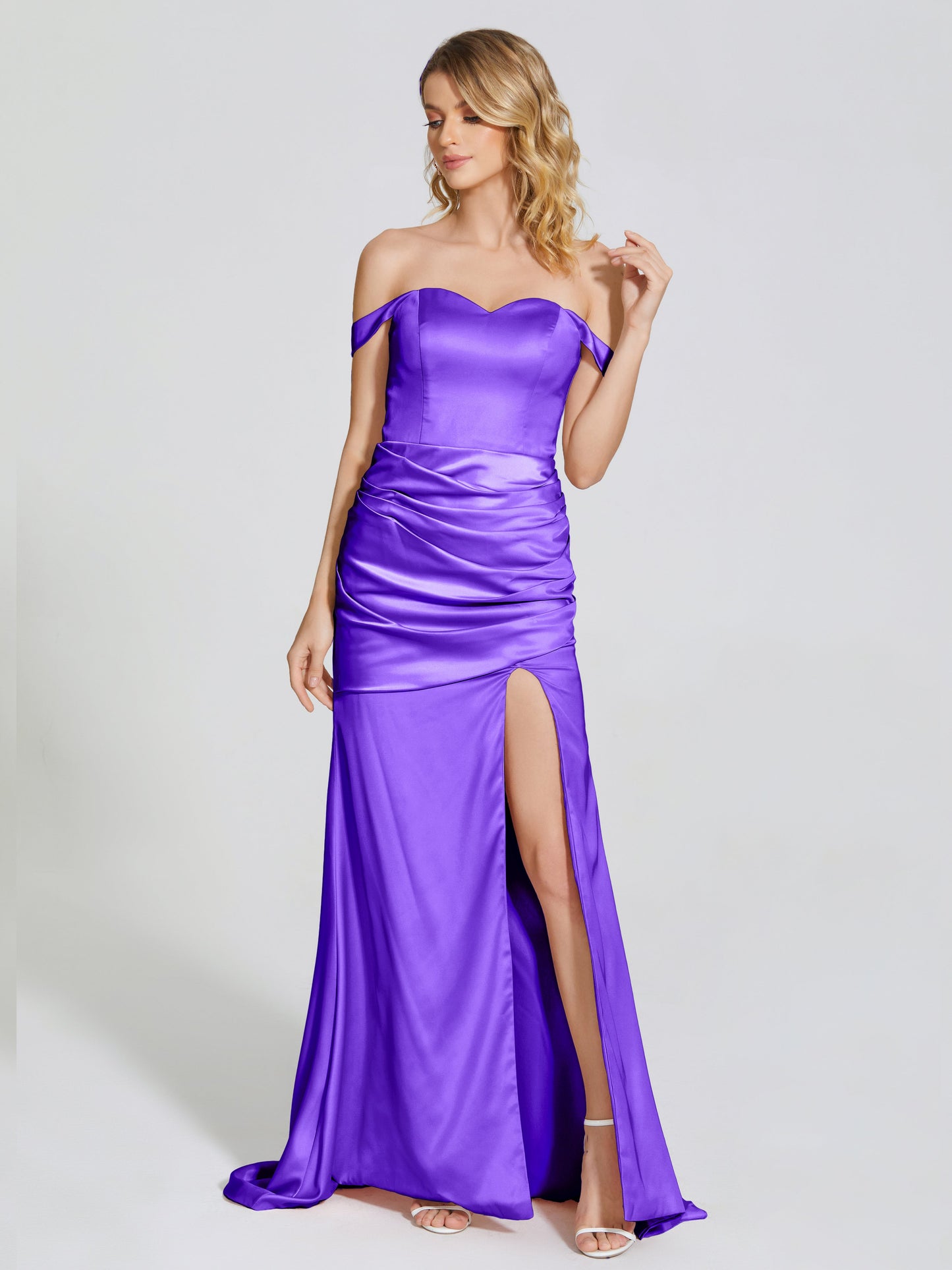 Alivia Off-Shoulder Side Slit Soft Satin Bridesmaid Dress
