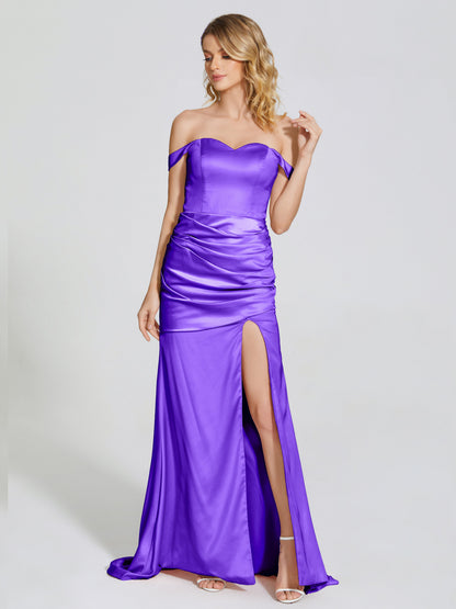 Alivia Off-Shoulder Side Slit Soft Satin Bridesmaid Dress
