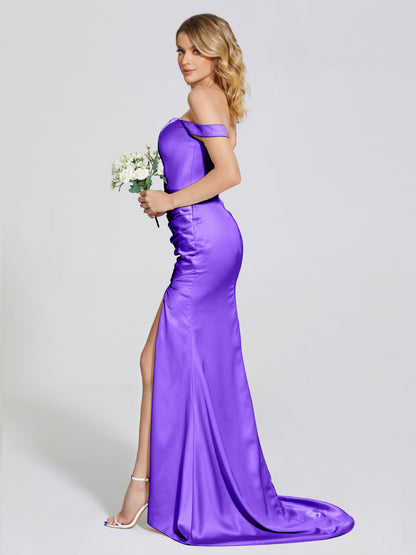 Alivia Off-Shoulder Side Slit Soft Satin Bridesmaid Dress