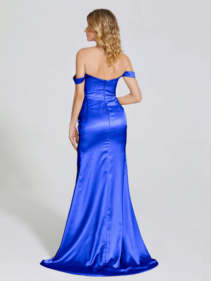 Alivia Off-Shoulder Side Slit Soft Satin Bridesmaid Dress