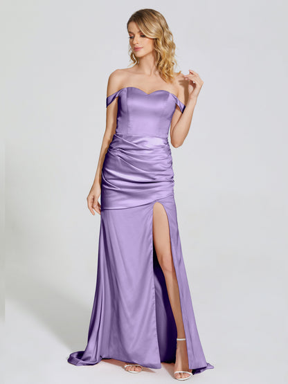 Alivia Off-Shoulder Side Slit Soft Satin Bridesmaid Dress
