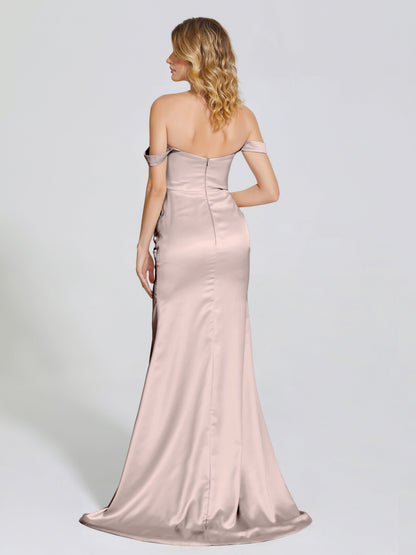 Alivia Off-Shoulder Side Slit Soft Satin Bridesmaid Dress