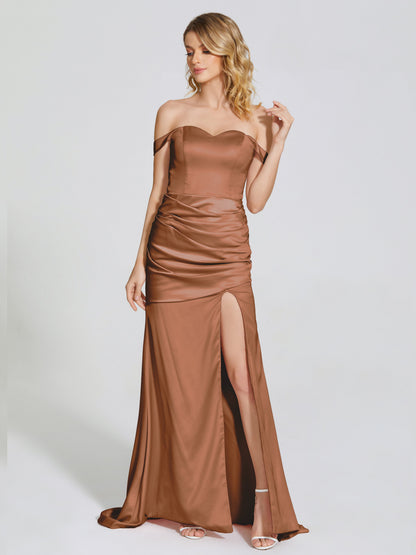 Alivia Off-Shoulder Side Slit Soft Satin Bridesmaid Dress