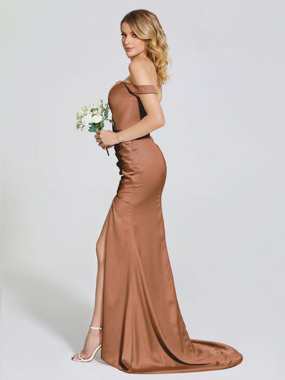 Alivia Off-Shoulder Side Slit Soft Satin Bridesmaid Dress