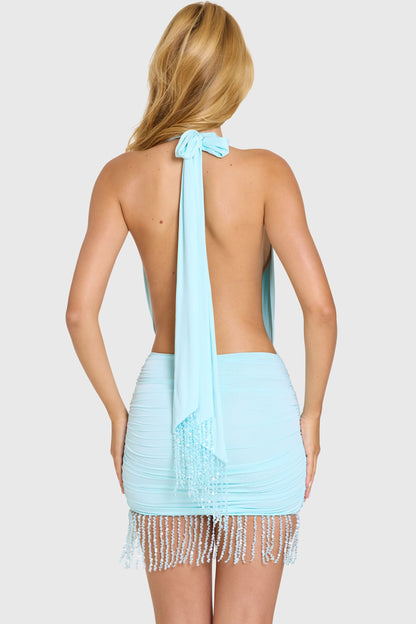 Fringed Halterneck Mini Dress in Aqua