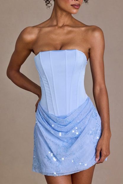 Satin Embellished Skirt Mini Dress in Sky Blue