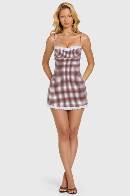 Modal Lace-Trim Mini Dress in Brown Gingham