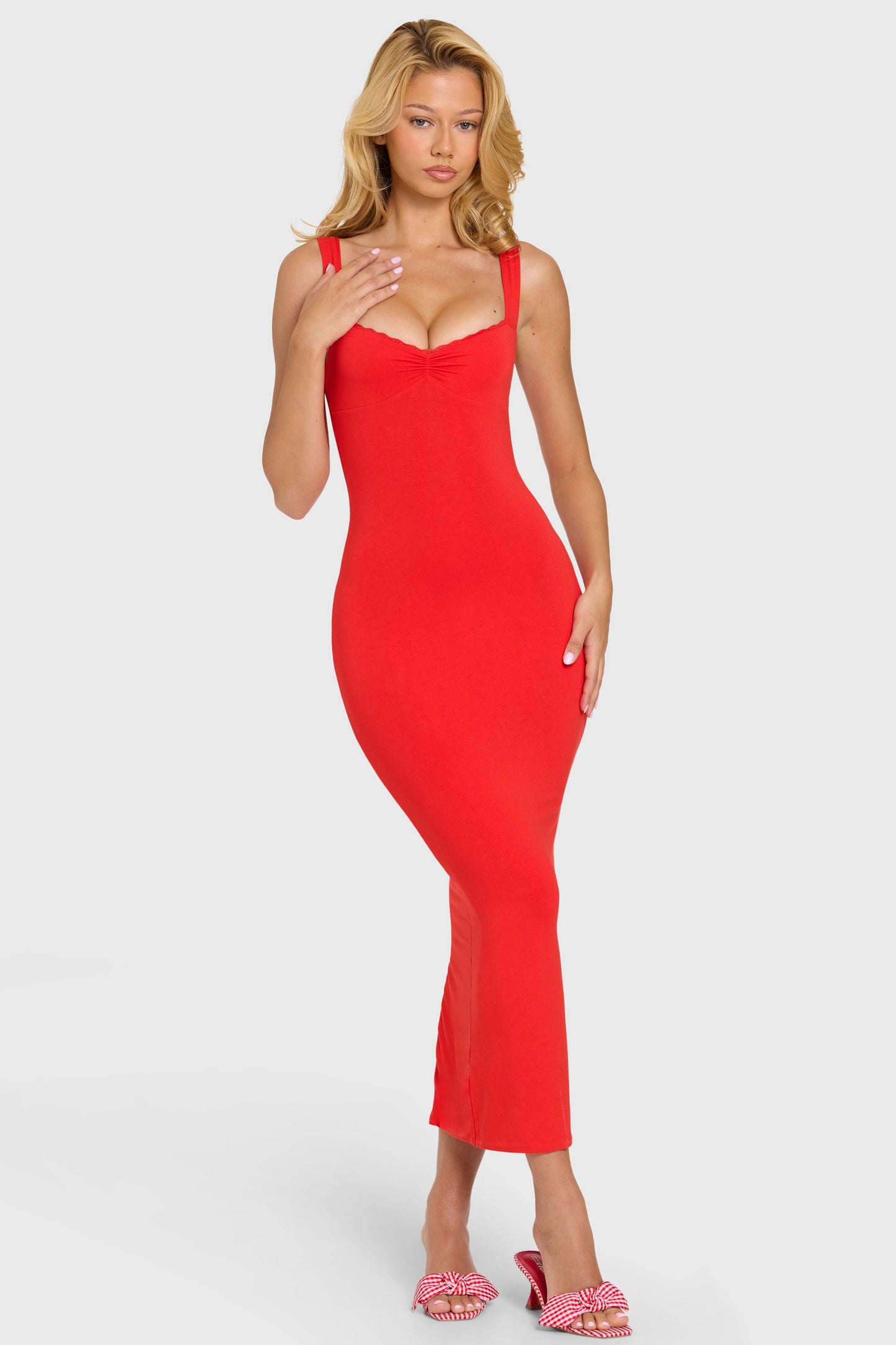 Modal Lace-Trim Midaxi Dress in Cherry