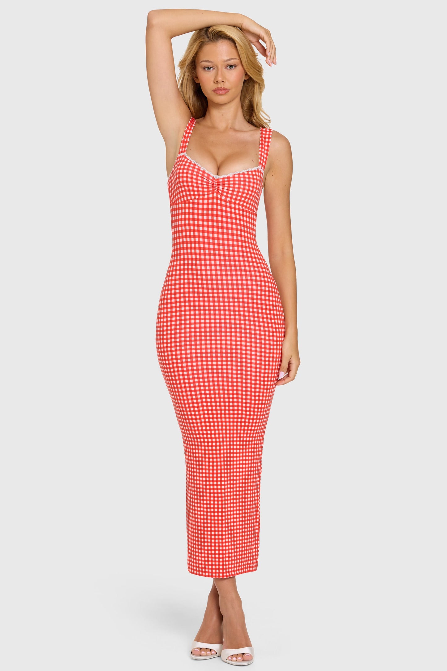 Modal Lace-Trim Midaxi Dress in Red Gingham