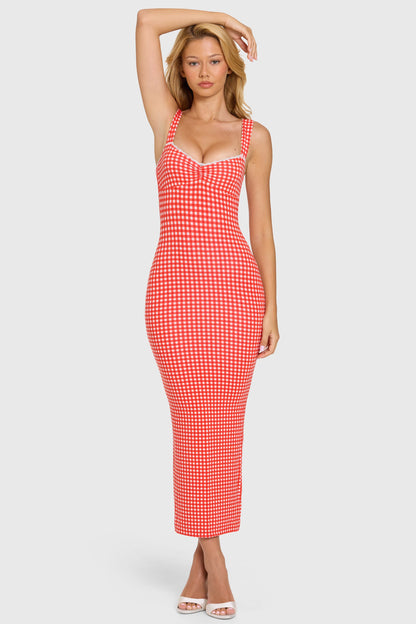 Modal Lace-Trim Midaxi Dress in Red Gingham