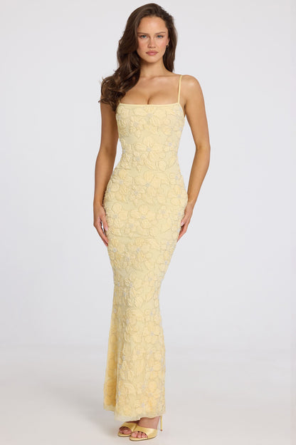Embellished Square-Neck Maxi Dress in Butter Yellow