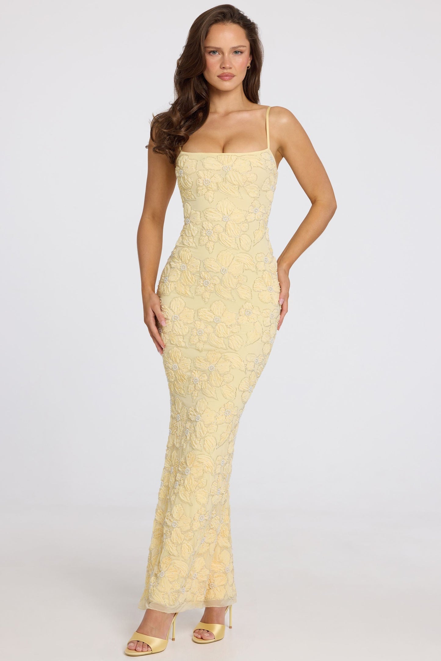Embellished Square-Neck Maxi Dress in Butter Yellow