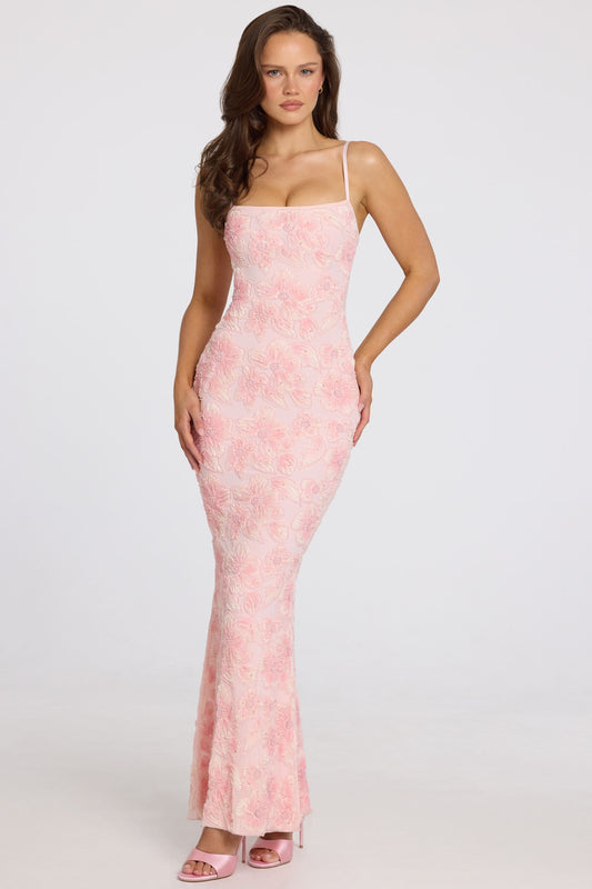Embellished Square-Neck Maxi Dress in Soft Pink Ombre