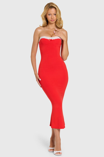 Modal Lace-Trim Midaxi Dress in Cherry