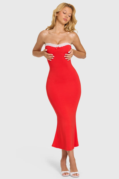 Modal Lace-Trim Midaxi Dress in Cherry