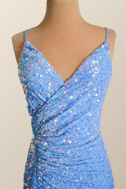 Straps Blue Sequin Ruched Faux Wrap Dress