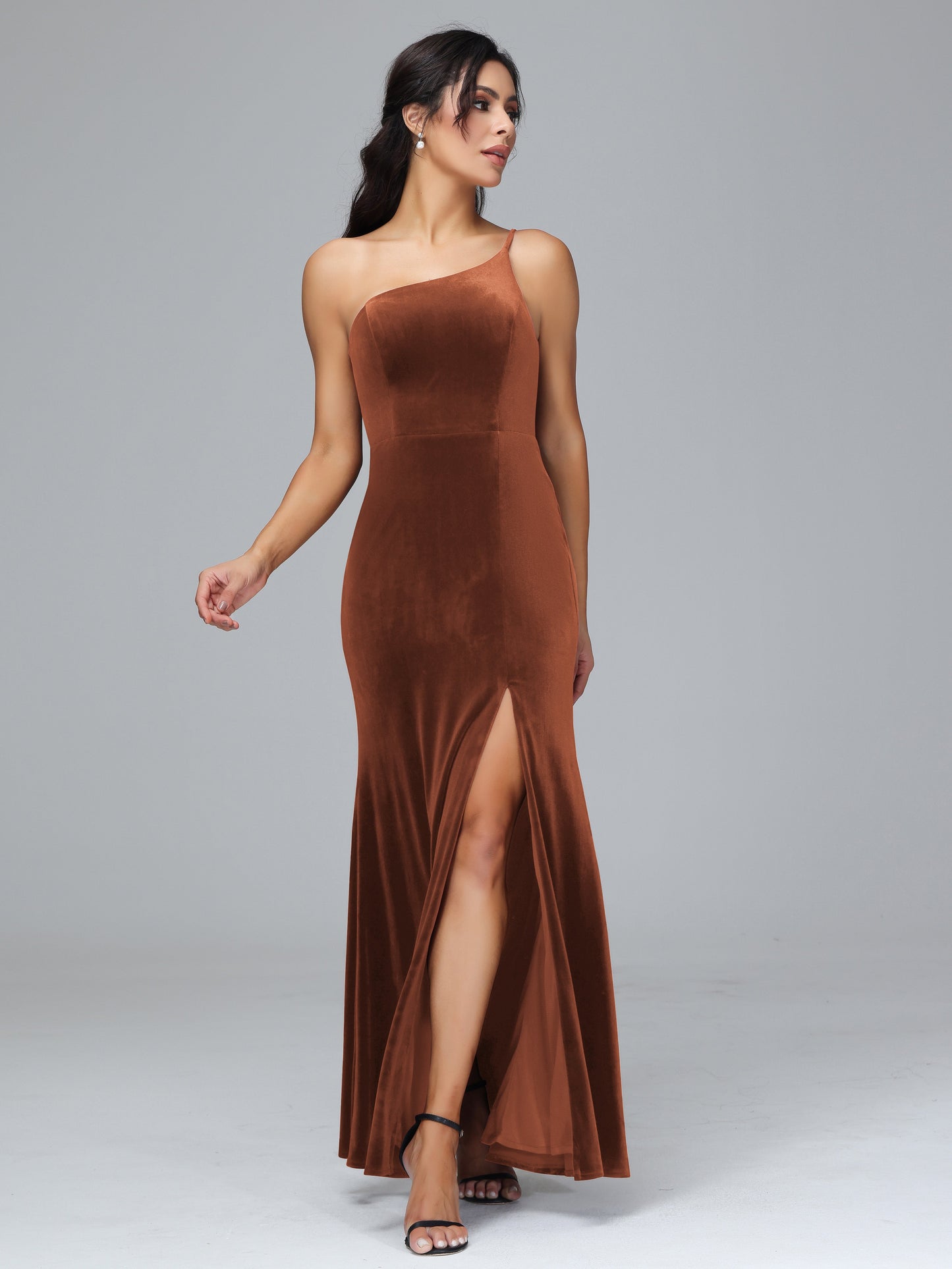 One Shoulder Plus Size Velvet Bridesmaid Dress With Slit