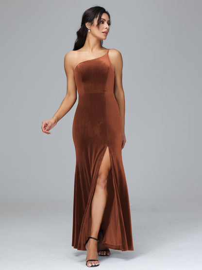 One Shoulder Plus Size Velvet Bridesmaid Dress With Slit