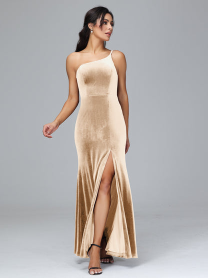 One Shoulder Plus Size Velvet Bridesmaid Dress With Slit