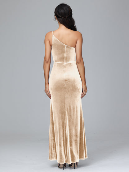 One Shoulder Plus Size Velvet Bridesmaid Dress With Slit