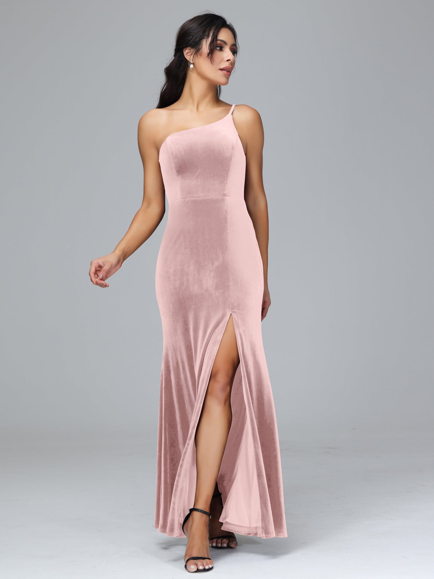 One Shoulder Plus Size Velvet Bridesmaid Dress With Slit