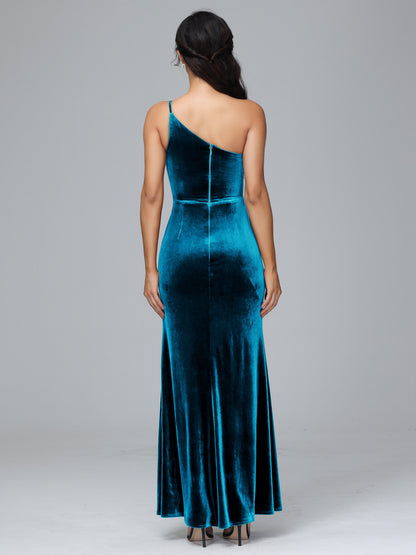 One Shoulder Plus Size Velvet Bridesmaid Dress With Slit